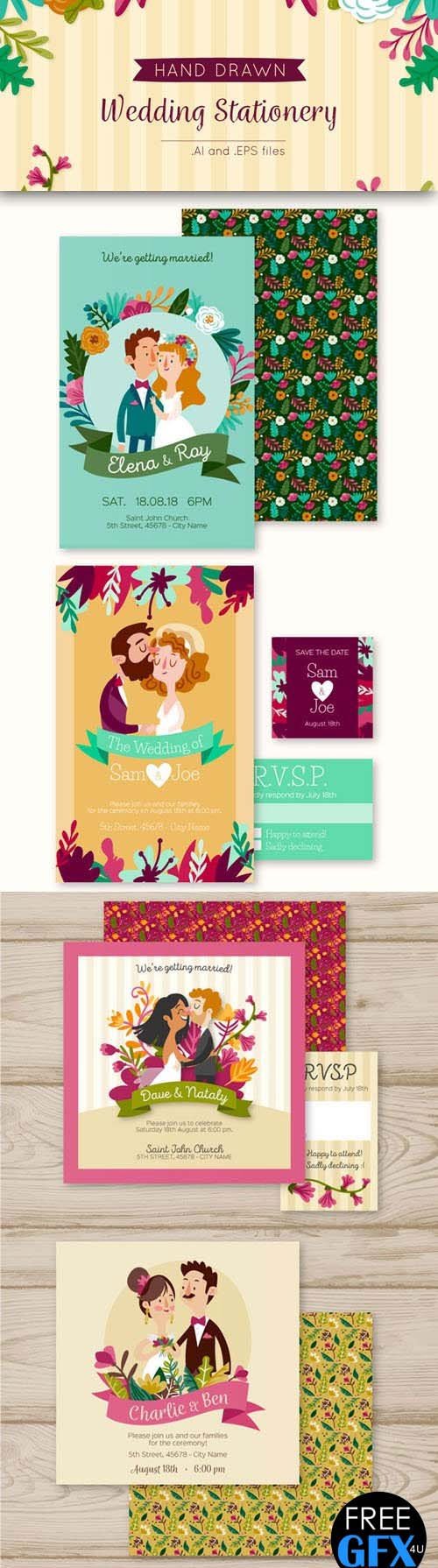 09 Colorful Hand Drawn Wedding Stationery Vector Templates