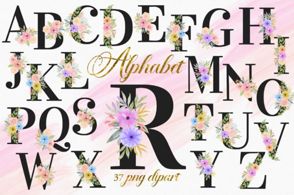 Romantic Floral Alphabet Numbers Clipart