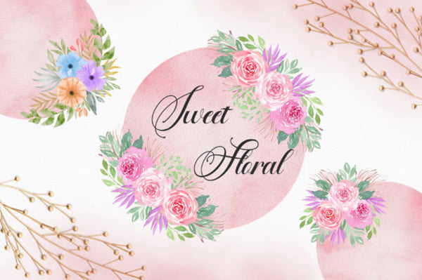 Sweet Floral Watercolor Circle Clipart