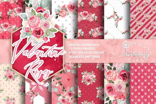 Watercolor Valentine Roses Digital Paper