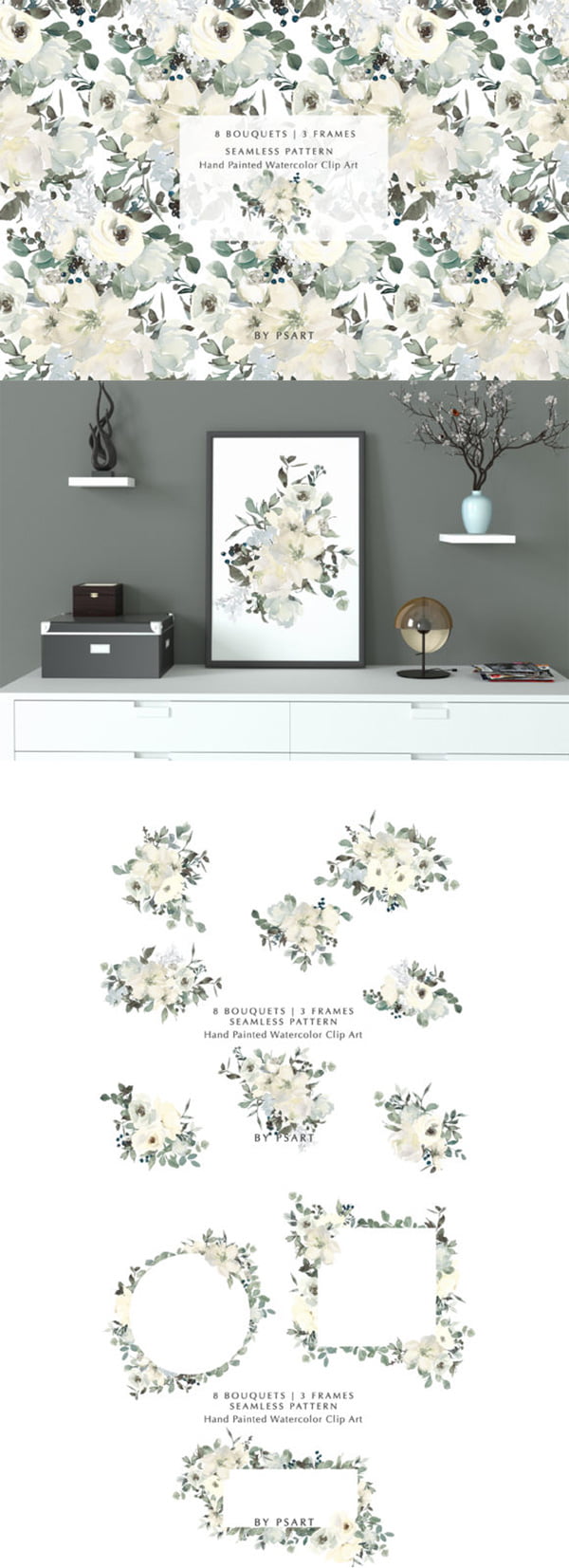 Ivory Watercolor Bouquets Frames Pattern