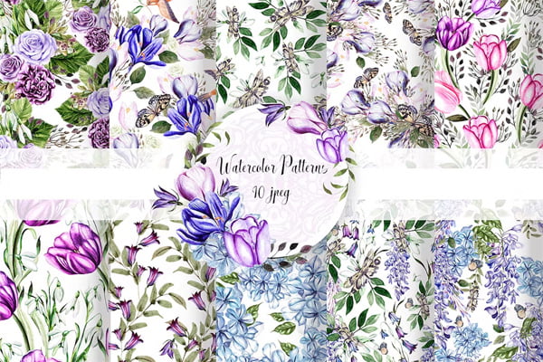 10 Hand Drawn Watercolor Patterns