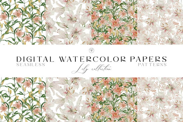 Watercolor Pattern With Lily Flowers