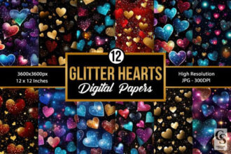 12 Glittery Hearts Pattern Digital Papers