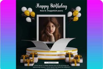 Birthday Photo Frame PSD Mockup With Gift & Balloons