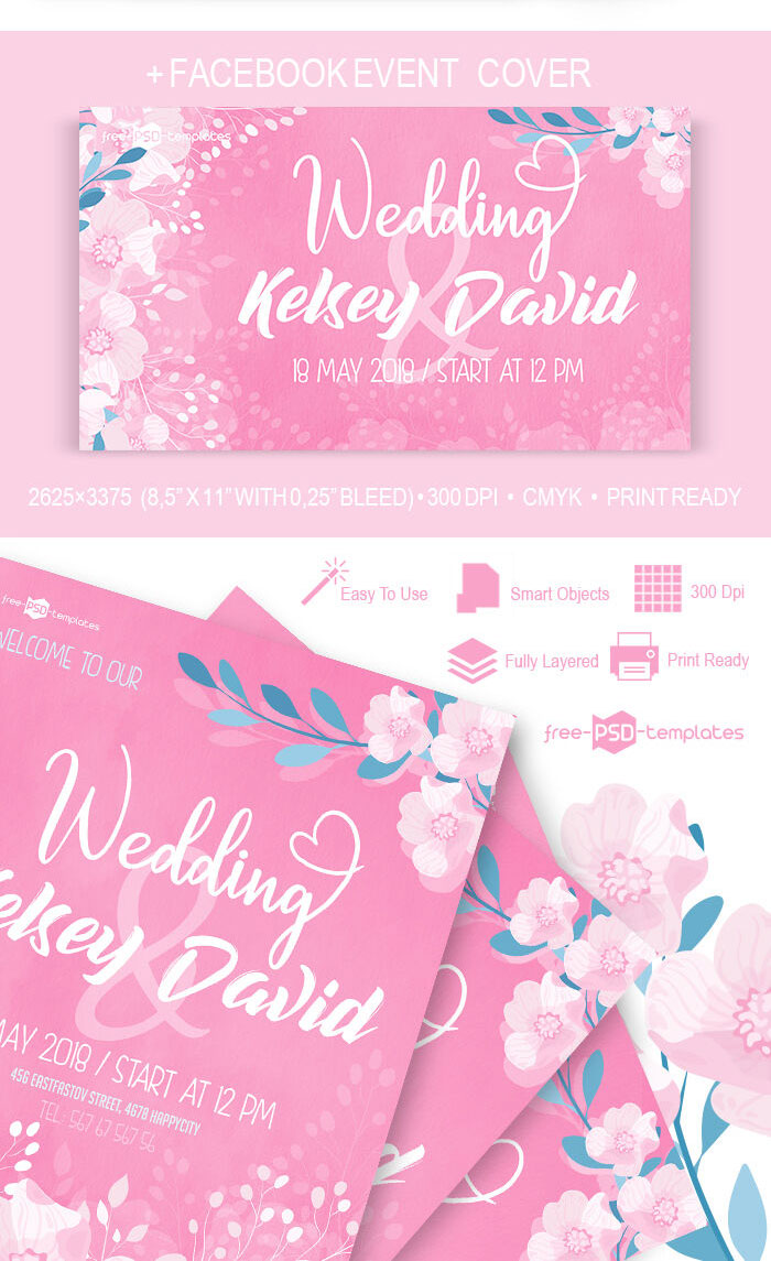 Pink Floral Wedding Flyer and Facebook Cover Templates